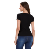 BLUSA PRETA MALHA CANELADA MALWEE | BÁSICA MANGA CURTA